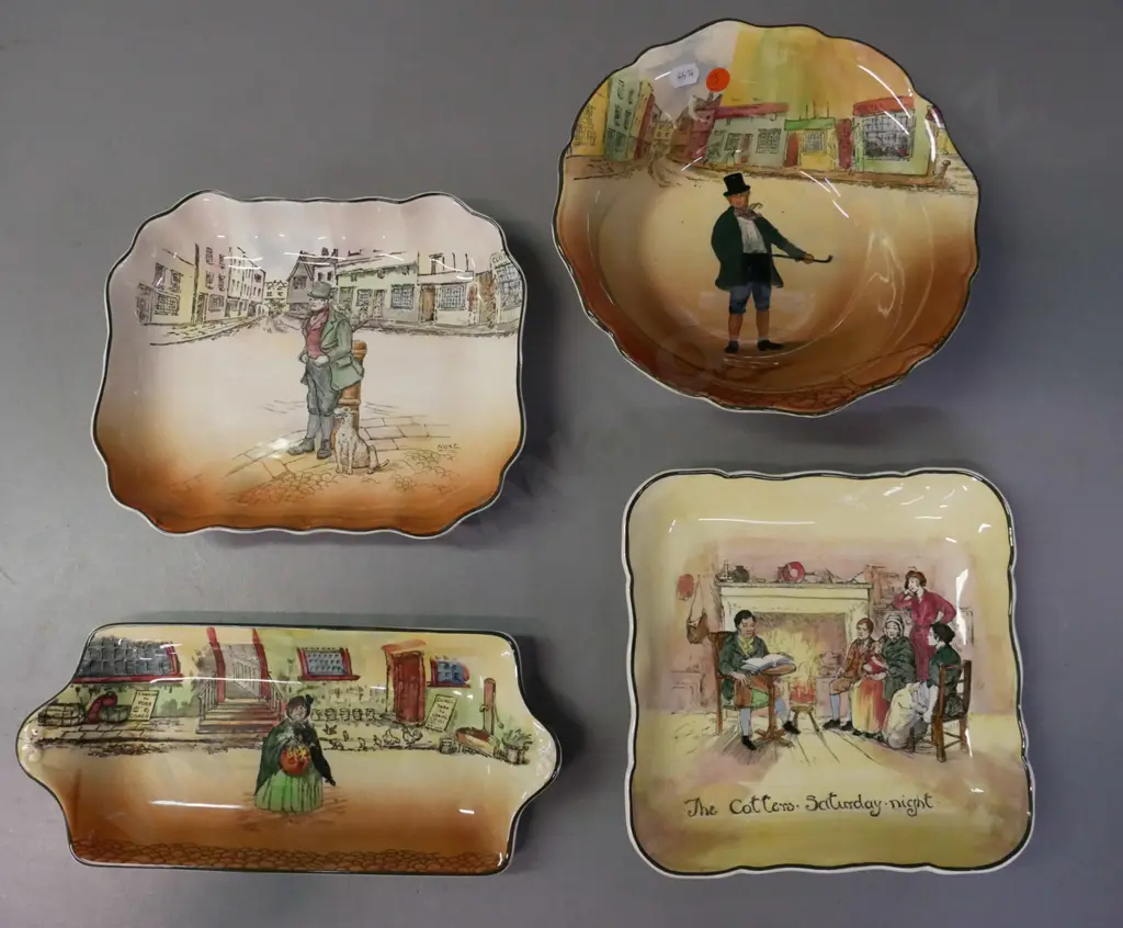 4x Royal Doulton Dickensware: 1x bowl 2x dishes & sandwich tray: Bobbie Burns, Mark Tapley, Bill Sykes. Bill Sykes dish Image 1++