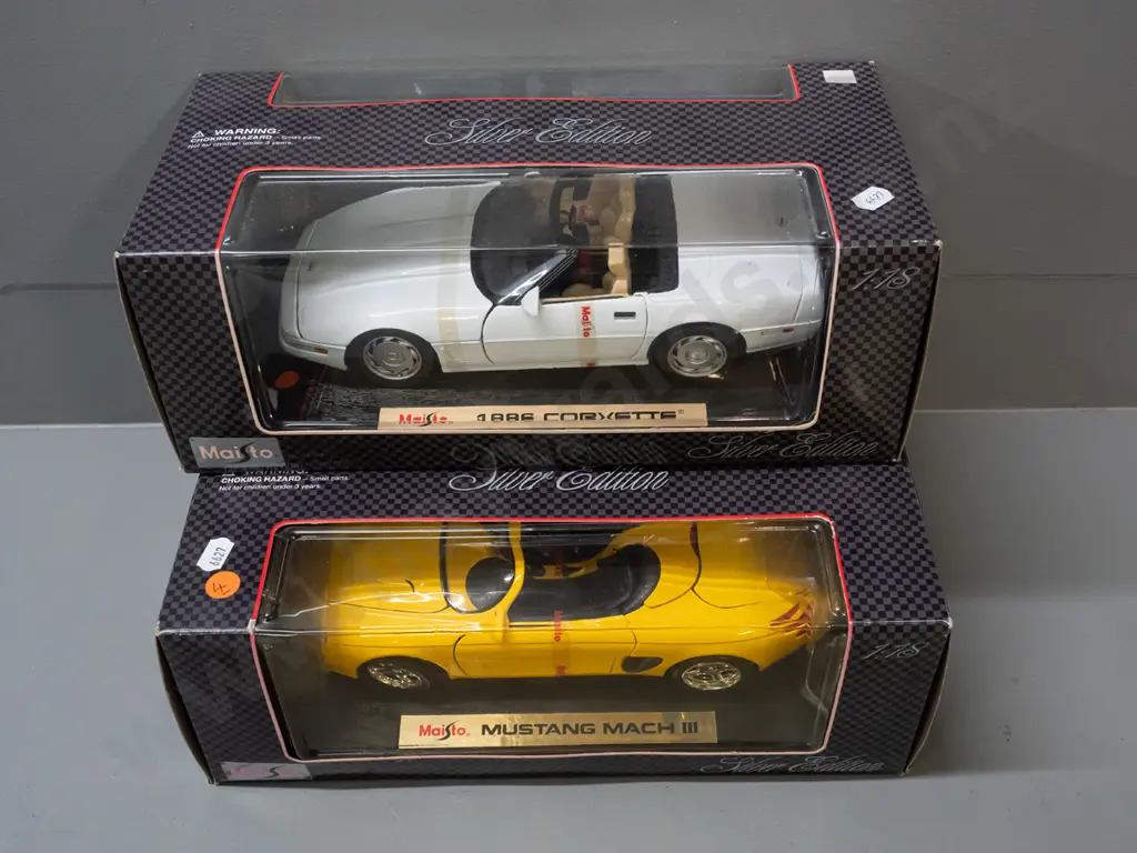 2 Maisto Silver Edition 1:18 scale die-cast model cars in original boxes - 1996 Corvette and a Mustang Mk3 Image 1++