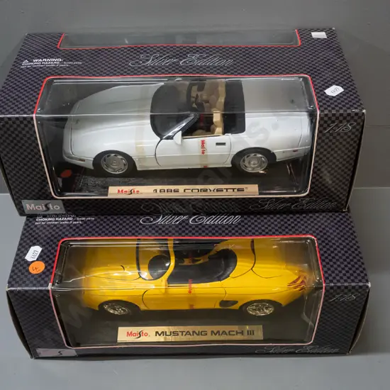2 Maisto Silver Edition 1:18 scale die-cast model cars in original boxes - 1996 Corvette and a Mustang Mk3