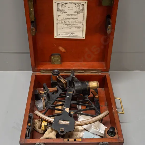 vintage sextant in fitted mahogany case - 1970s inspection certificate and resilvering receipt. Case H-130 W-290 D-300