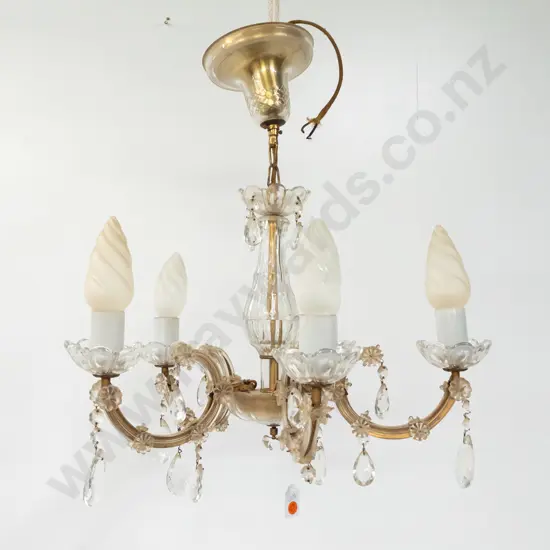 glass & brass hanging 5 branch chandelier,  bag with additional tear drops & central ball H520