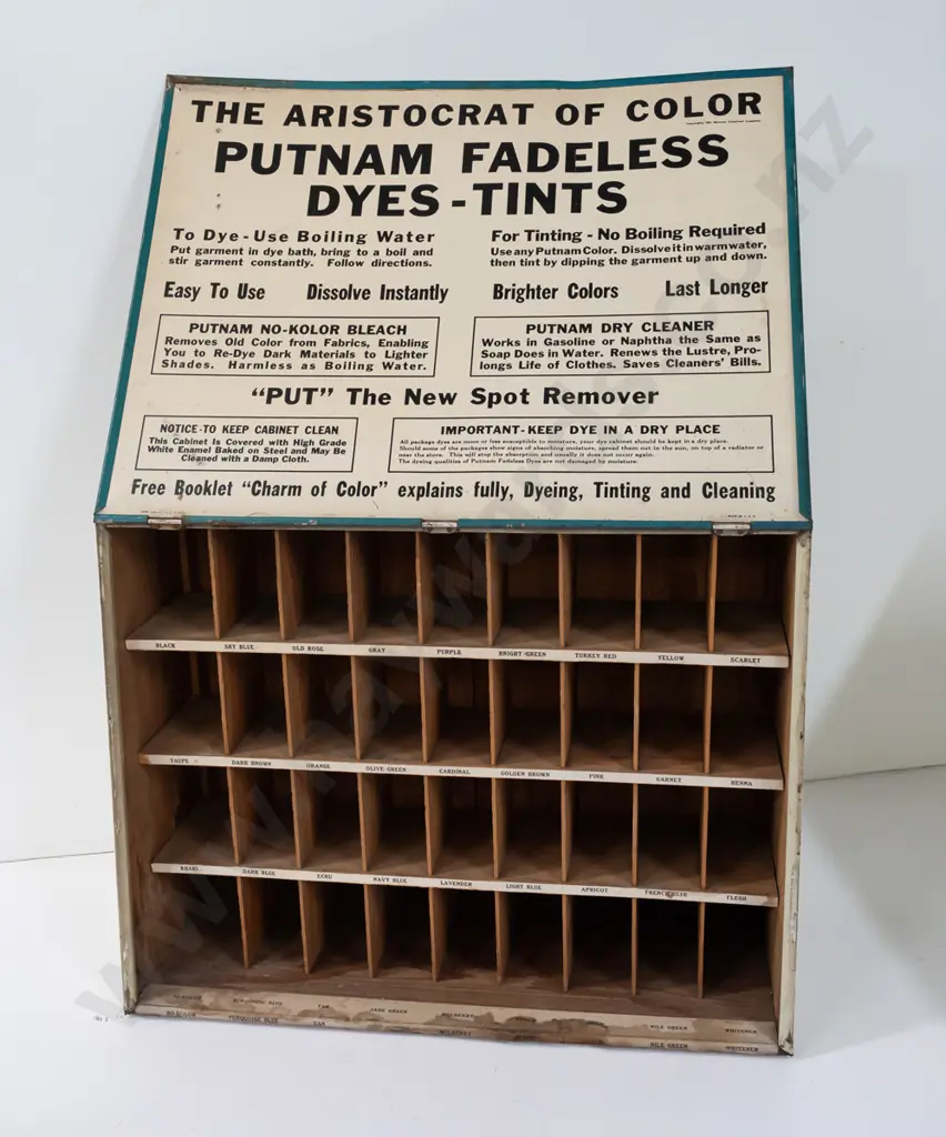 vintage Putnam Fadeless Dyes & Tints tin shop display / sales cabinet with slanted side and lift-up front, marked Quincy Image 1++