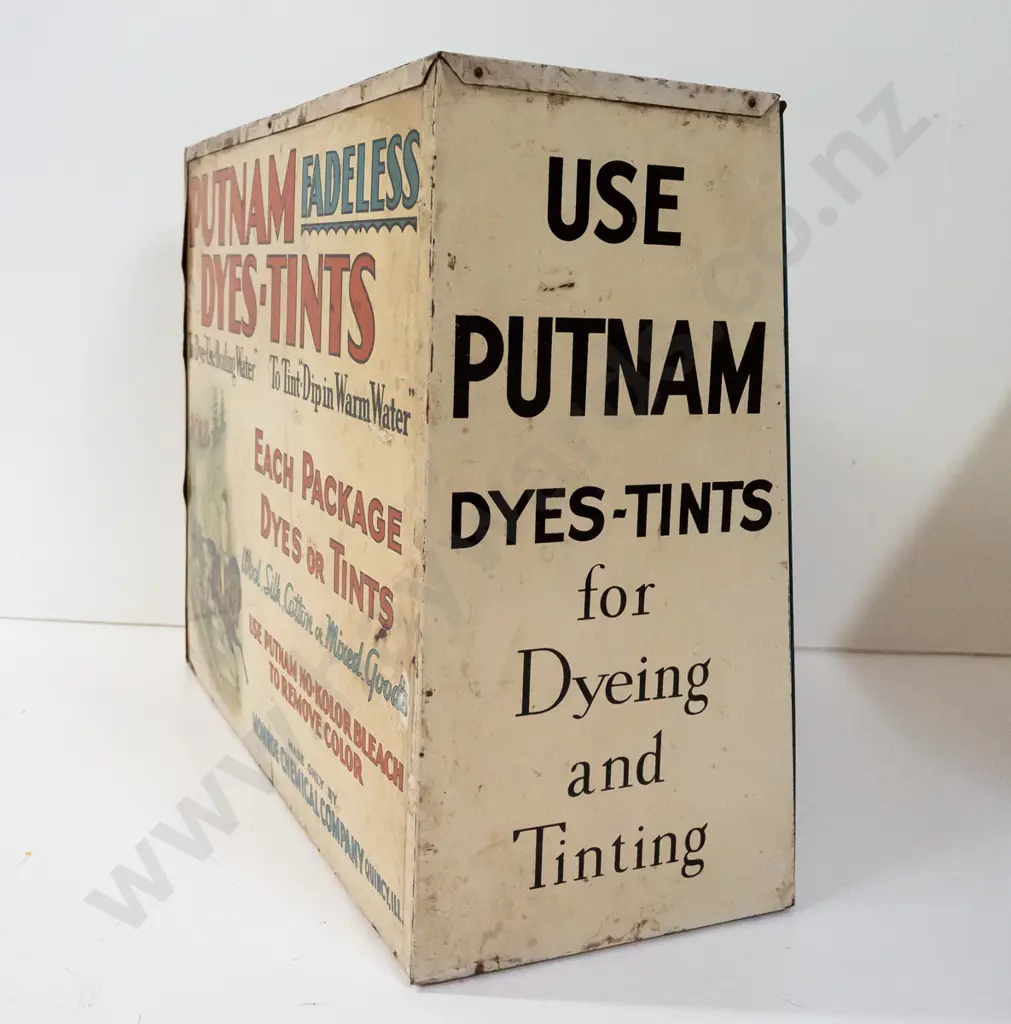vintage Putnam Fadeless Dyes & Tints tin shop display / sales cabinet with slanted side and lift-up front, marked Quincy Image 1++