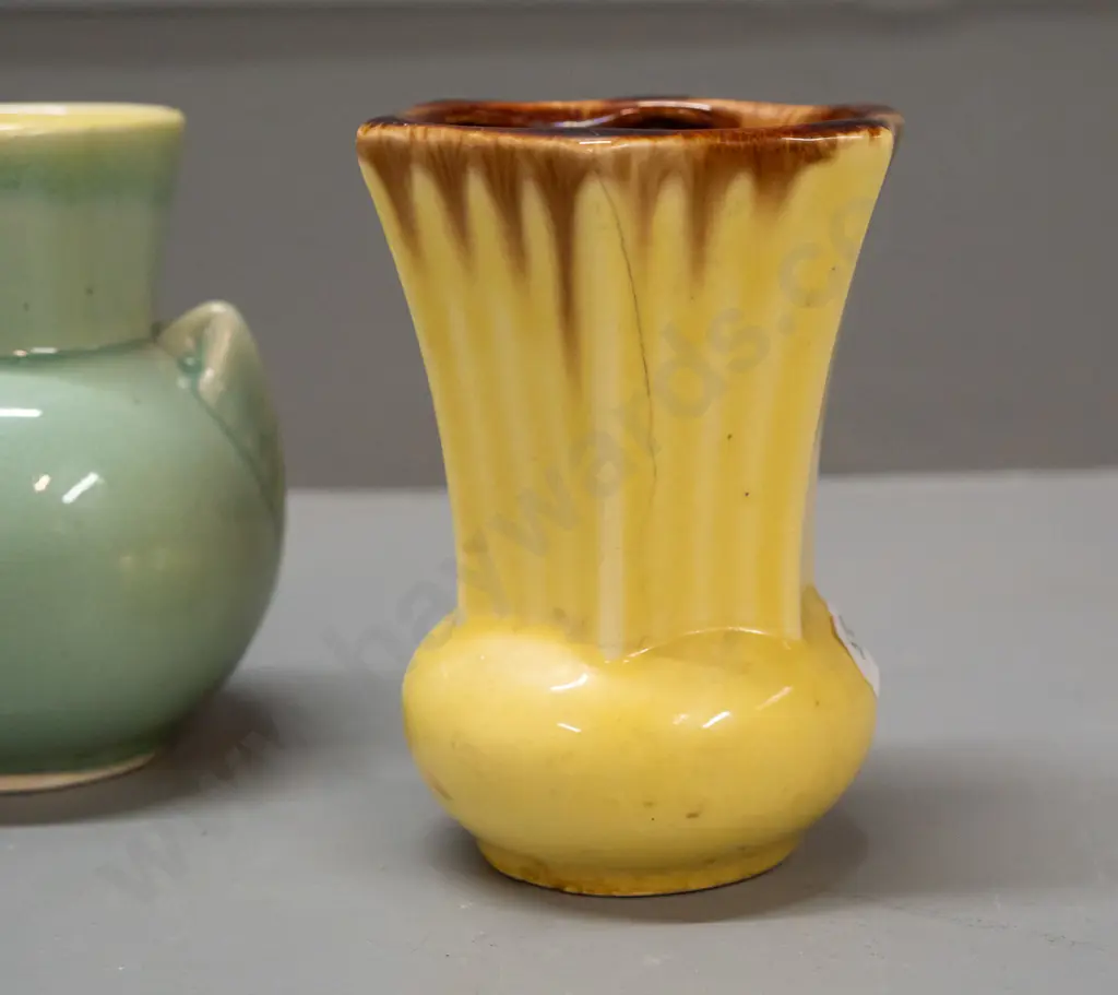 2 vintage Crown Lynn small vases - celadon green with handles, yellow interior, marked .134. and a faceted Image 1++