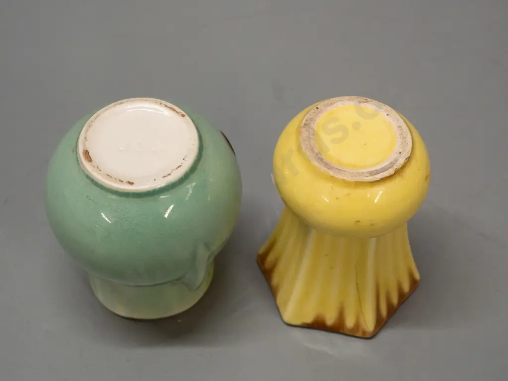 2 vintage Crown Lynn small vases - celadon green with handles, yellow interior, marked .134. and a faceted Image 1++