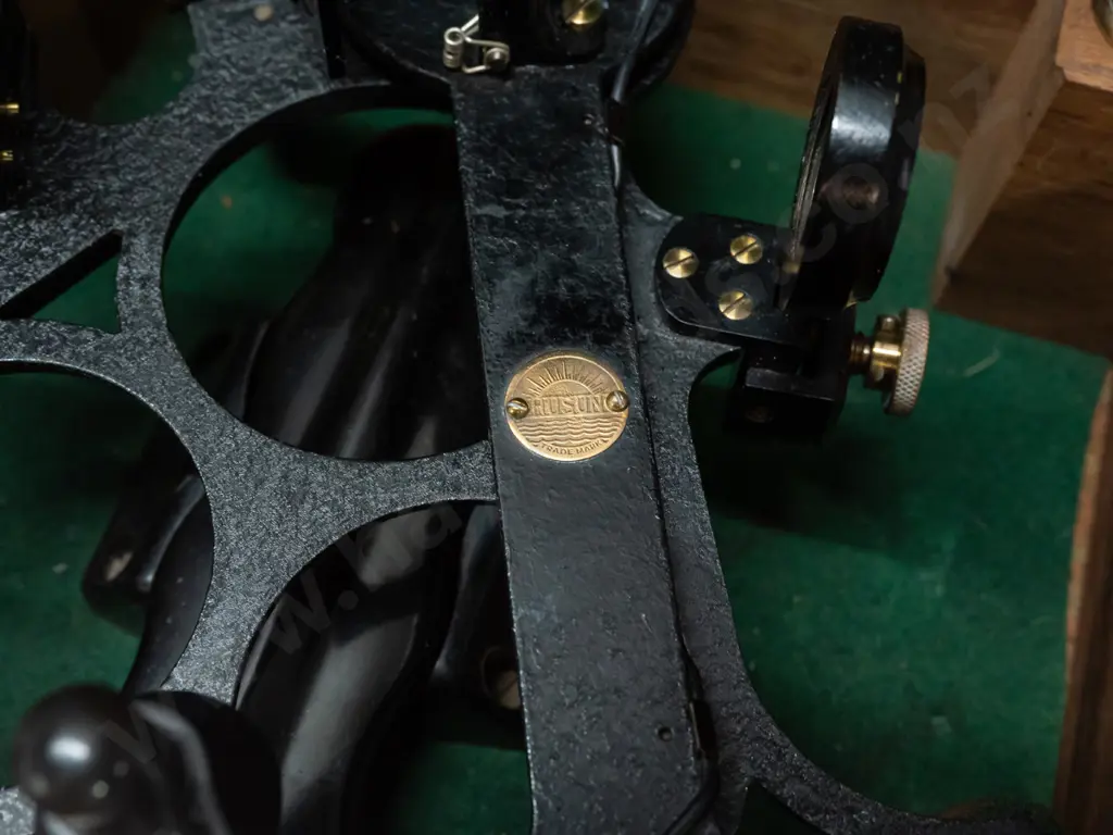 vintage sextant in fitted timber case with Husun / London marks, with eyepieces and accessories, case lockable, has key. Image 1++