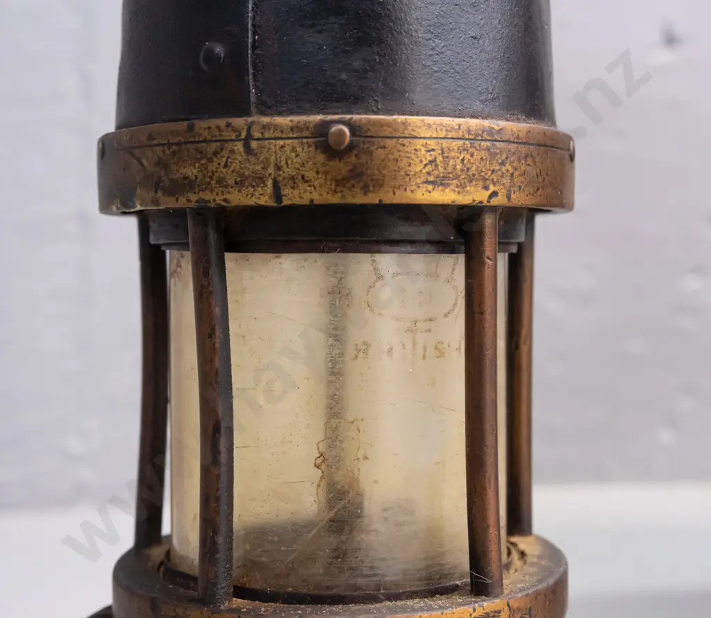 miner's lamp with glass shade - Abbott Roby and Naylor Wigan markings, has dents and wear, glass shade stained H-230 Image 1++