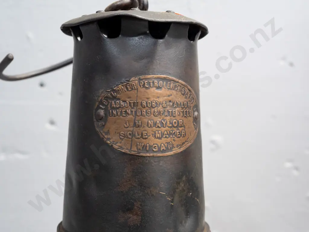 miner's lamp with glass shade - Abbott Roby and Naylor Wigan markings, has dents and wear, glass shade stained H-230 Image 1++