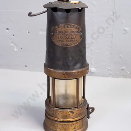 miner's lamp with glass shade - Abbott Roby and Naylor Wigan markings, has dents and wear, glass shade stained H-230