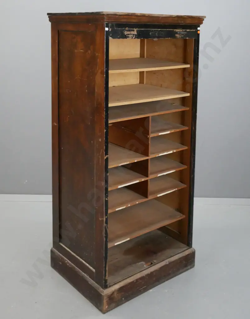 Vintage beech & rimu black-painted front sliding tambour-fronted cupboard exposing shelf system, 2 replaced shelves. One Image 1++