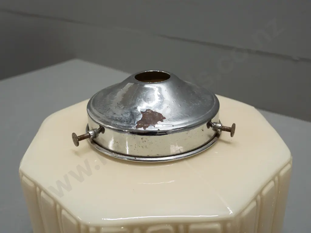 deco ceiling light shade with moulded clear glass insert and chrome journal - a few chips around rim, spot of corrosion Image 1++