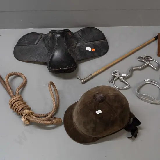 assorted child's horse riding items - saddle, vintage decorative riding hat made in England for Ballantynes Chch &