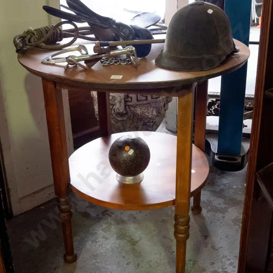 vintage colonial 2-tier round topped rimu & kauri occasional table, square sectioned legs going to bobbin