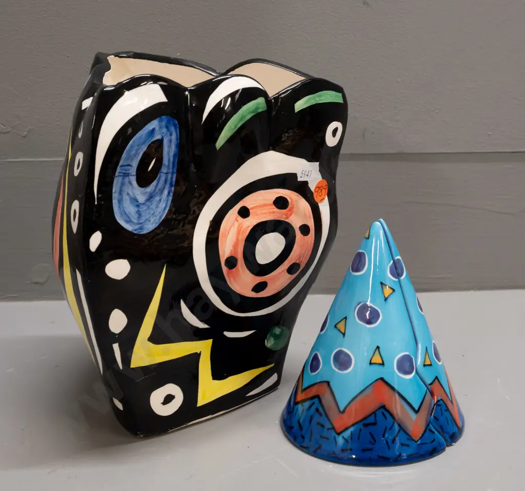 NZ studio pottery - triangular slab sided vase and a Brendan Adams salt & pepper set - vase marked "H '89" on base H-210 Image 1++