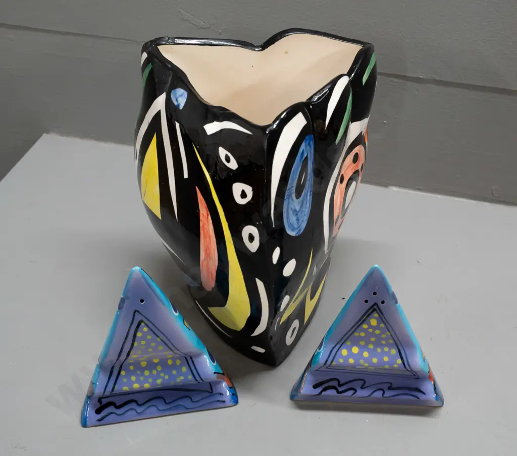 NZ studio pottery - triangular slab sided vase and a Brendan Adams salt & pepper set - vase marked "H '89" on base H-210 Image 1++