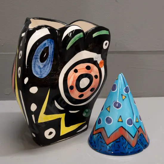 NZ studio pottery - triangular slab sided vase and a Brendan Adams salt & pepper set - vase marked "H '89" on base H-210