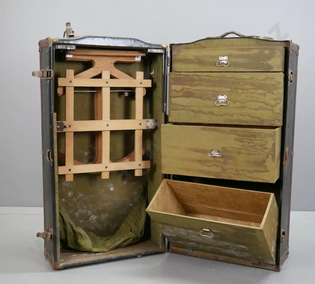 restorer's fitted travelling trunk / case green fabric lining, clothing hangers,  drawers lined with textured paper, Image 1++