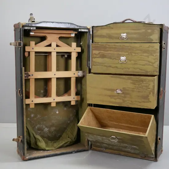 restorer's fitted travelling trunk / case green fabric lining, clothing hangers,  drawers lined with textured paper,