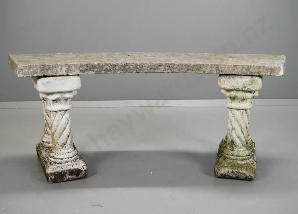 concrete crescent shaped garden seat on painted double spiral column end supports with age and moss patina. Minor Image 1++