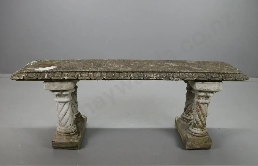 concrete 3 piece garden bench seat. with spiral support column legs, shaped molded edge to top. Image 1++