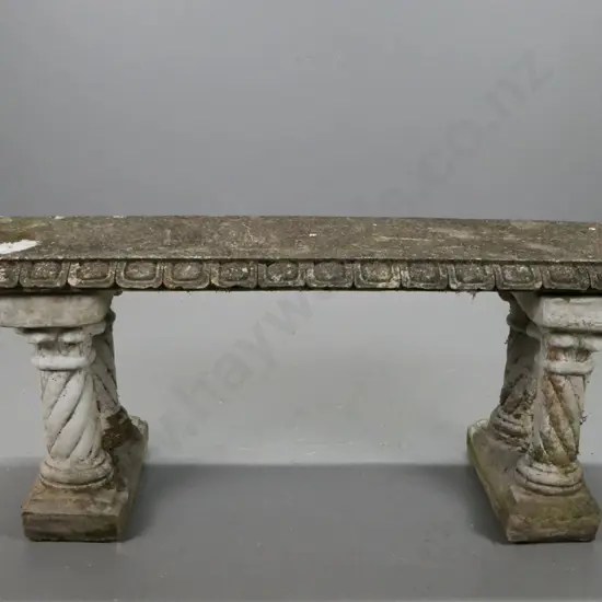 concrete 3 piece garden bench seat. with spiral support column legs, shaped molded edge to top.