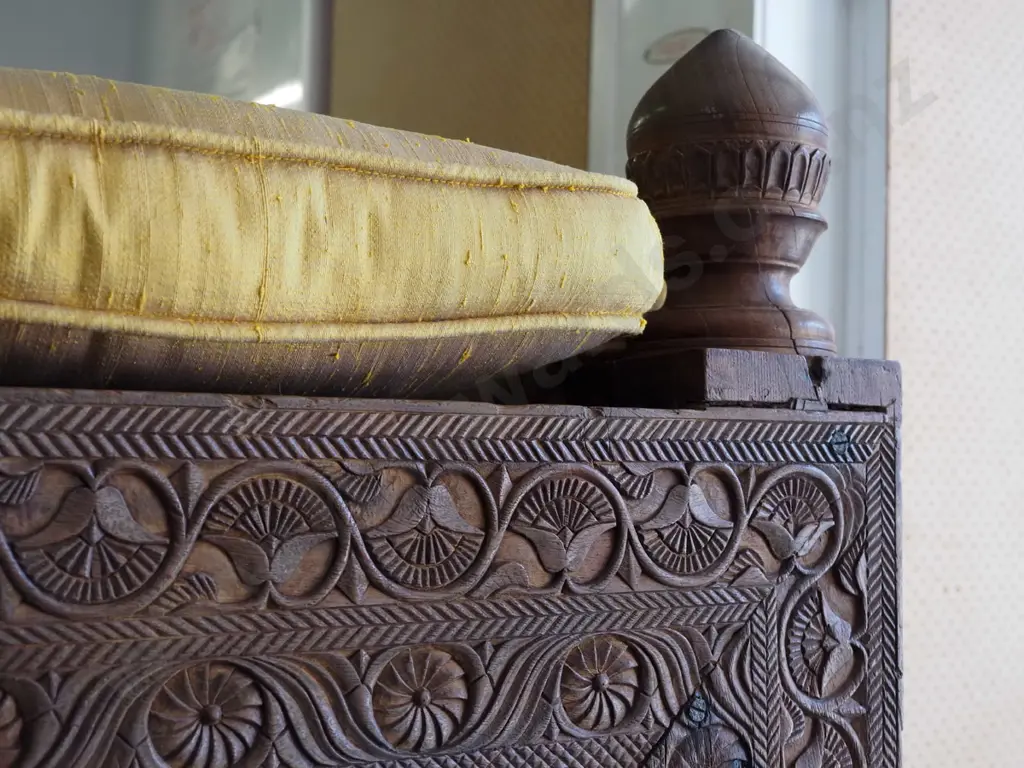 large, heavy Indian/Asian heavily carved hardwood dowry/rice storage chest with upholstered squab, lock & key, but lock Image 1++