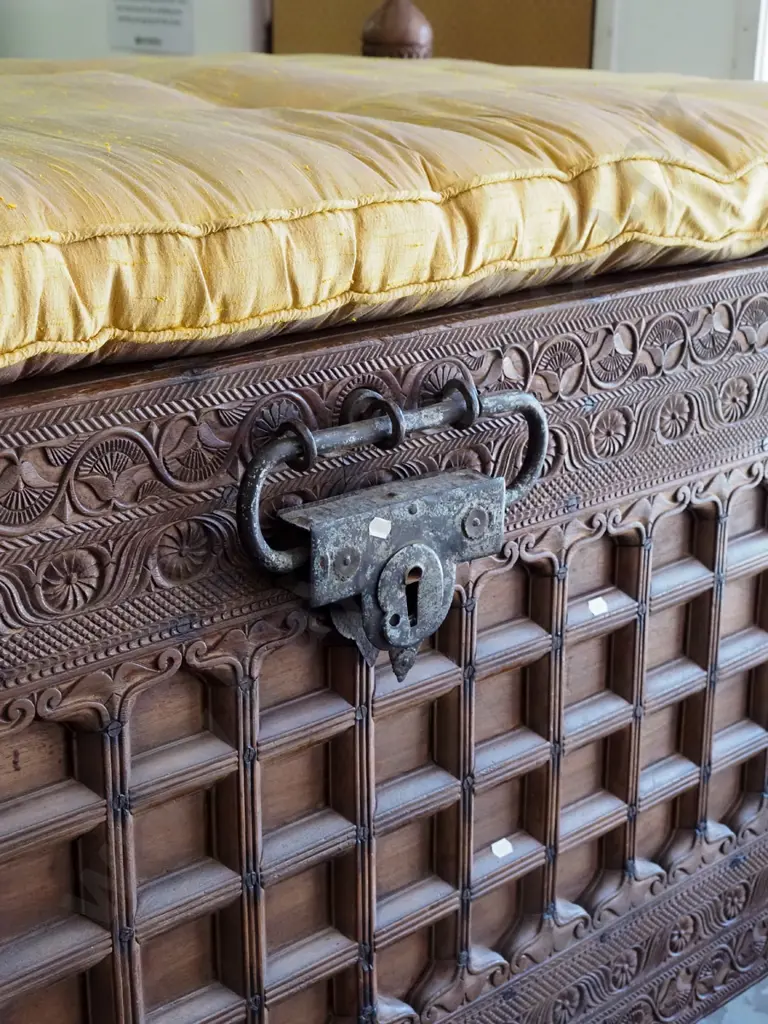 large, heavy Indian/Asian heavily carved hardwood dowry/rice storage chest with upholstered squab, lock & key, but lock Image 1++