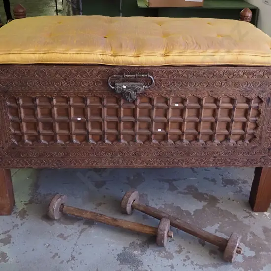 large, heavy Indian/Asian heavily carved hardwood dowry/rice storage chest with upholstered squab, lock & key, but lock