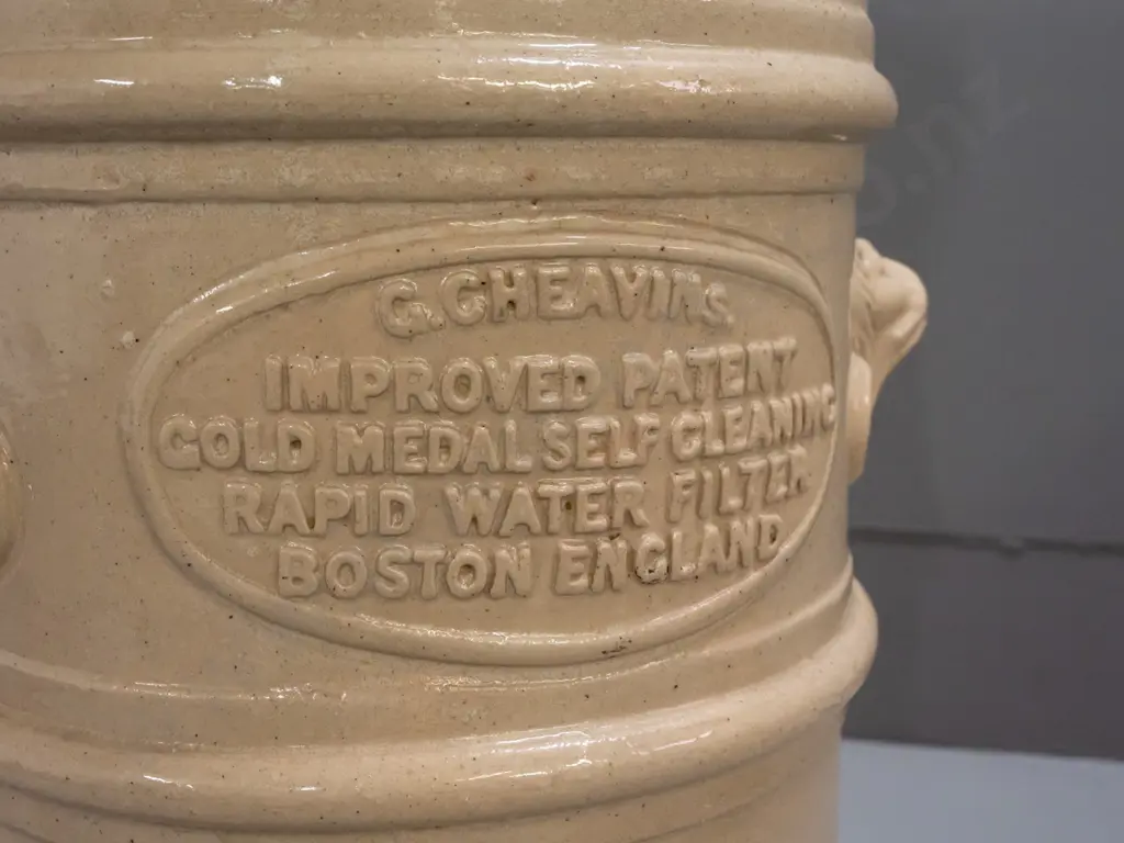 vintage Cheavins stoneware part water filter with lion's head handles - no lid or fittings H-470 Image 1++