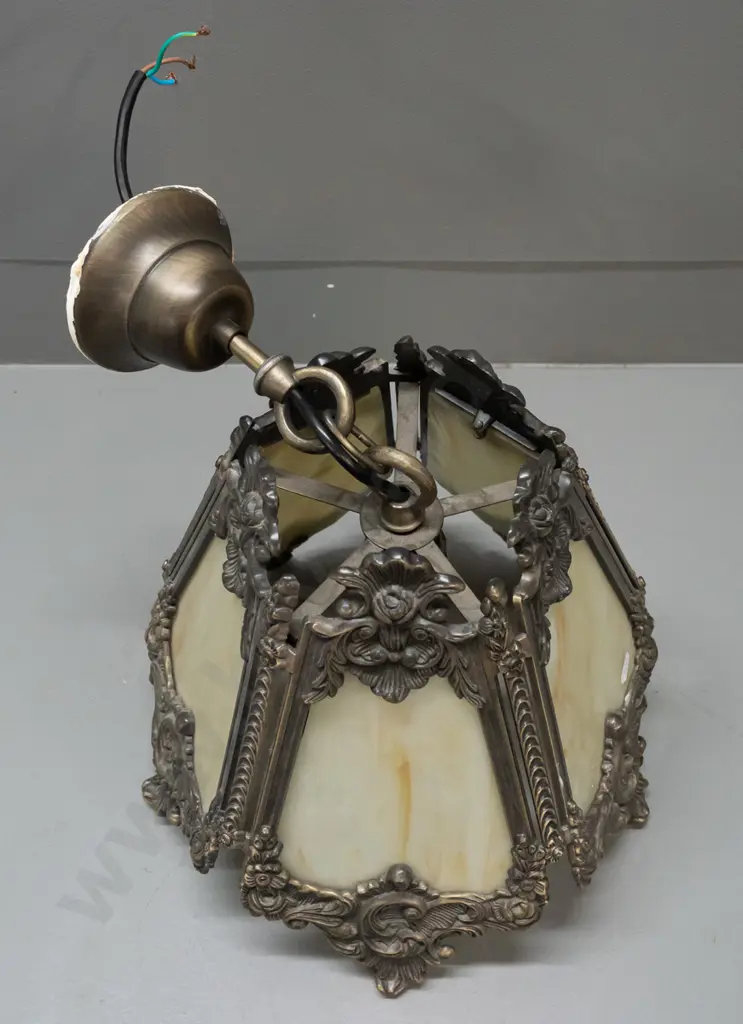 retro rococo style 5-sided cast metal hanging light shade with slag glass panels H-310 D-300. Some paint residue on Image 1++