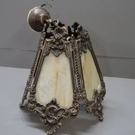 retro rococo style 5-sided cast metal hanging light shade with slag glass panels H-310 D-300. Some paint residue on