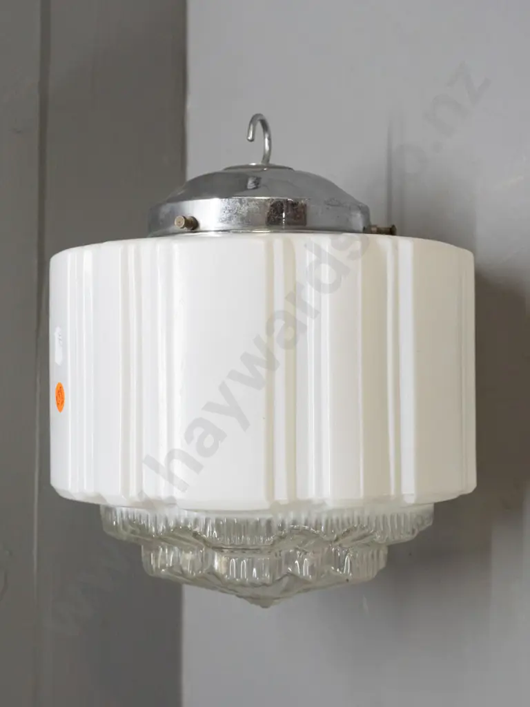 art deco style white and clear glass ceiling light fitting - some dents & corrosion to chrome journal H-230 D-190 Image 1++
