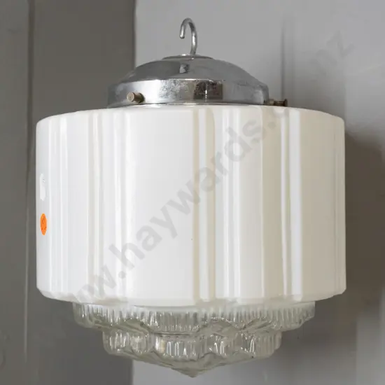 art deco style white and clear glass ceiling light fitting - some dents & corrosion to chrome journal H-230 D-190