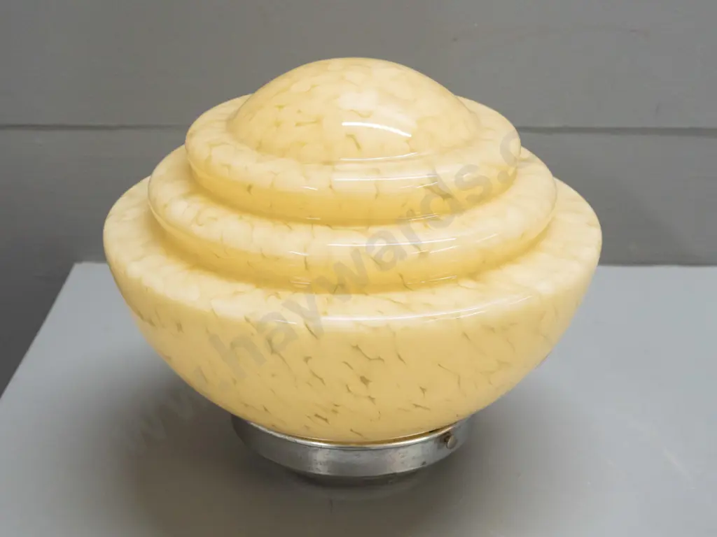 deco style mottled ivory glass ceiling light fitting - minor corrosion to chrome journal H-220 D-250 Image 1++