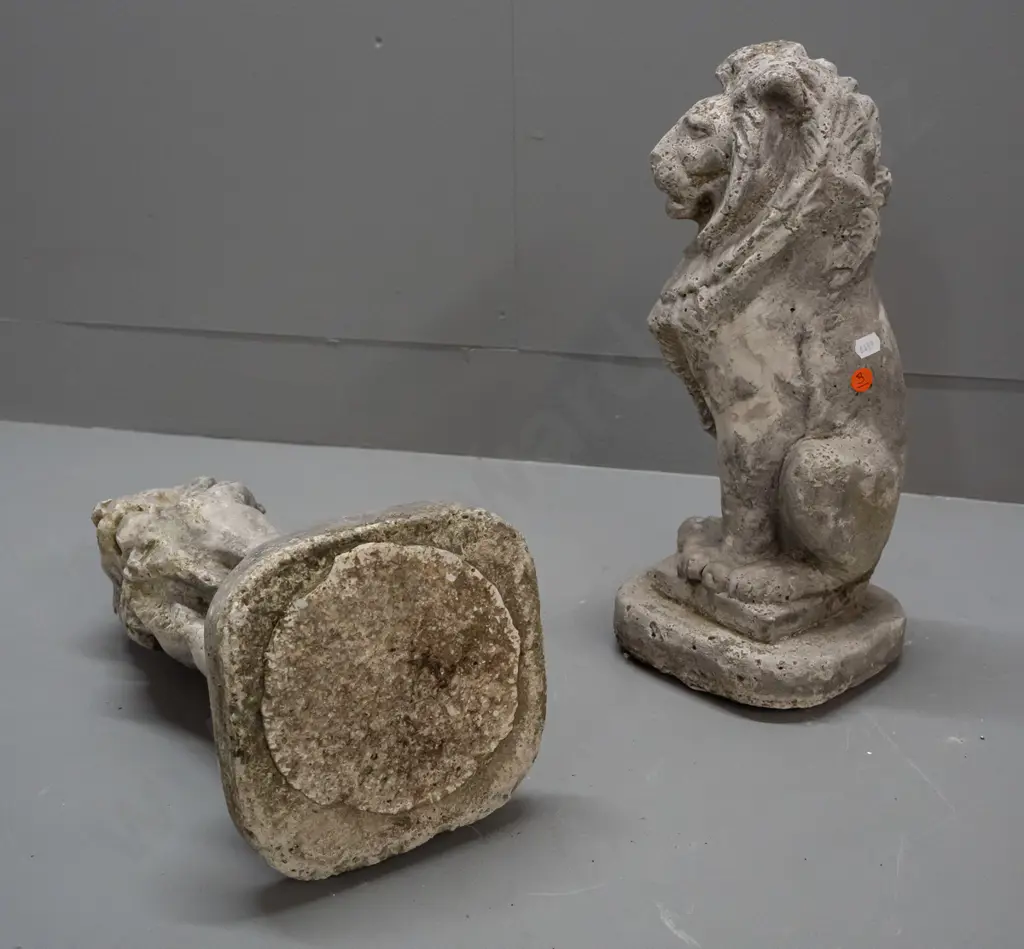 pair of small cast concrete seated lion garden figures - some weathering and wear H-370 Image 1++
