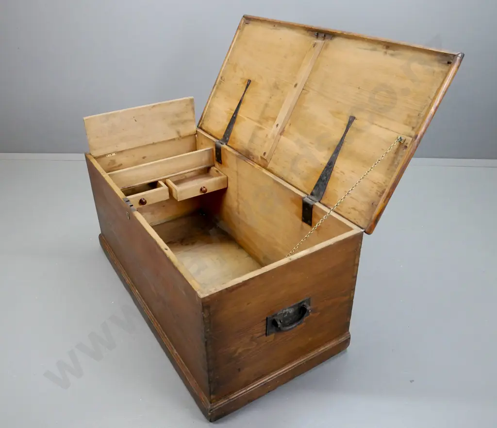 Victorian Baltic pine travel trunk with large cast metal carry handles and strap hinges, 2 drawers, candle box inside, Image 1++