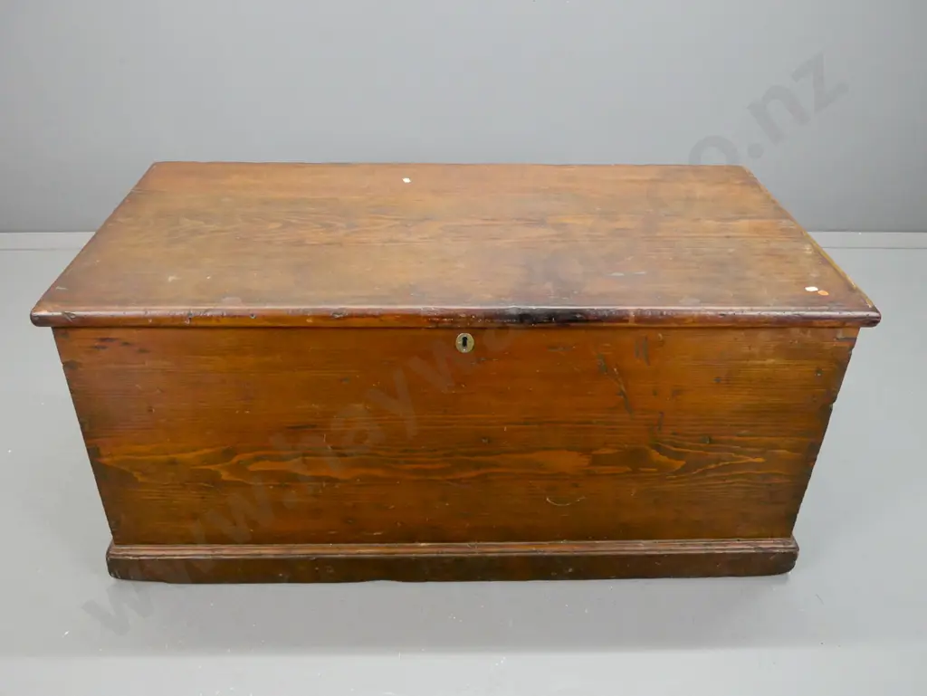 Victorian Baltic pine travel trunk with large cast metal carry handles and strap hinges, 2 drawers, candle box inside, Image 1++