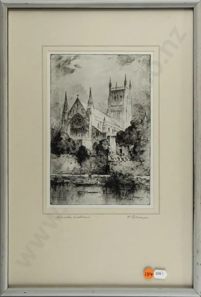 F Robson - framed etching "Worcester CAadral" H200 W130 Image 1++