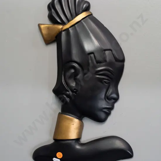 retro black painted plaster wall head silhouette - minor chip to hair, missing ear-ring H-410 W-240