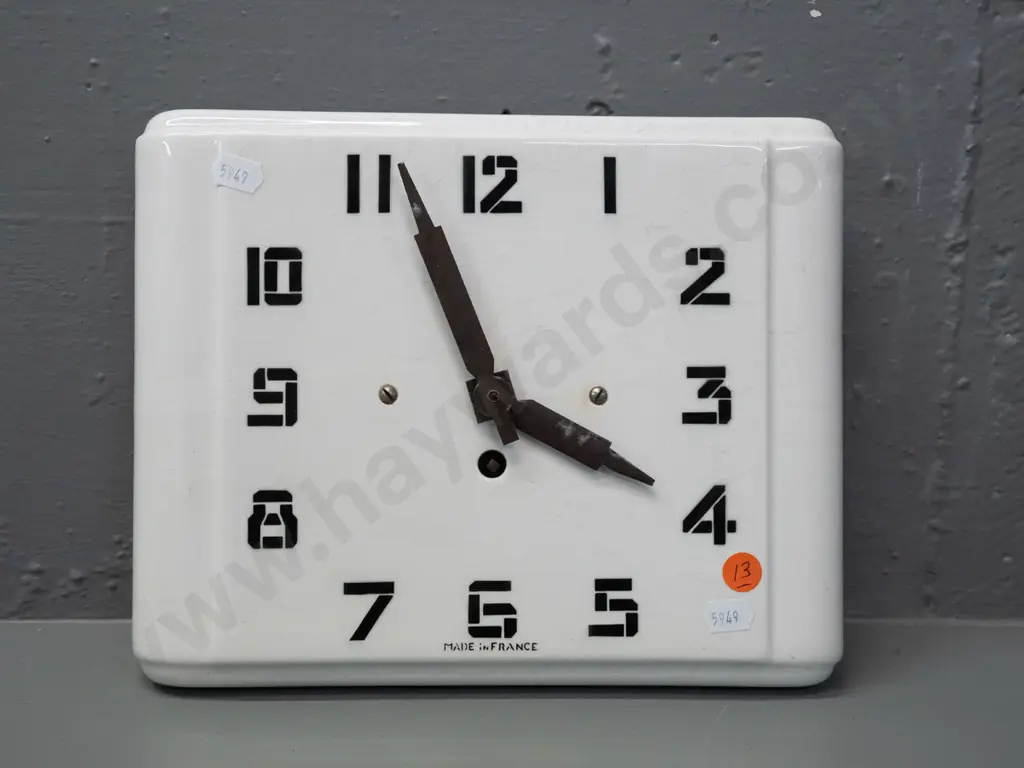 mid-century French porcelain wall clock with wind-up movement - no key, has some crazing, discolouration to hands Image 1++