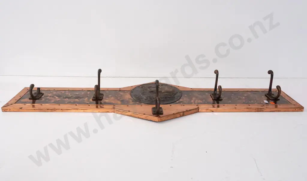 vintage wall mount coat rack - beaten copper over timber, with central applied galleon motif decoration, 5 cast metal Image 1++