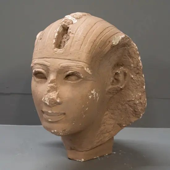 Egyptian painted solid plaster sphynx head, some damage & chips repair to back quarter & base H350