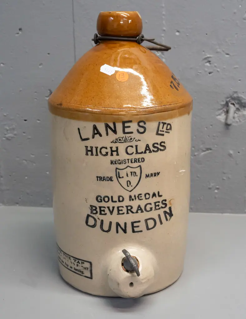 Lane's Dunedin stoneware crock with wire handle, metal spigot, Pearson's Whittington Moor Chesterfield maker's mark. Image 1++