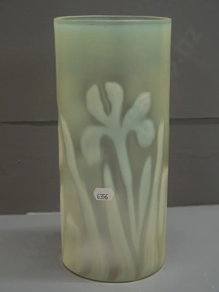 vintage art nouveau uranium / vaseline glass cylinder (lantern shade?) with iris flower motifs - minor fretting around Image 1++