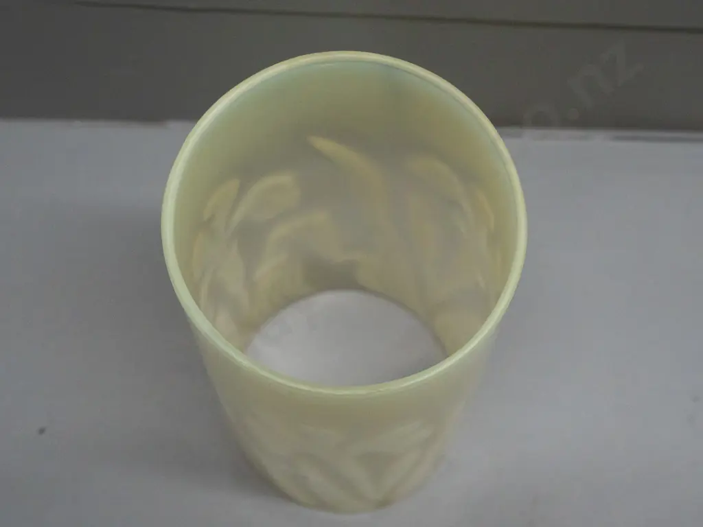 vintage art nouveau uranium / vaseline glass cylinder (lantern shade?) with iris flower motifs - minor fretting around Image 1++