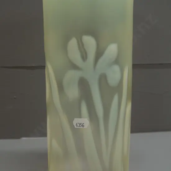 vintage art nouveau uranium / vaseline glass cylinder (lantern shade?) with iris flower motifs - minor fretting around
