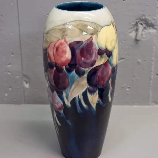 vintage large Moorcroft wisteria pattern vase with green signature on base - small chip to bottom rim, some crazing H275