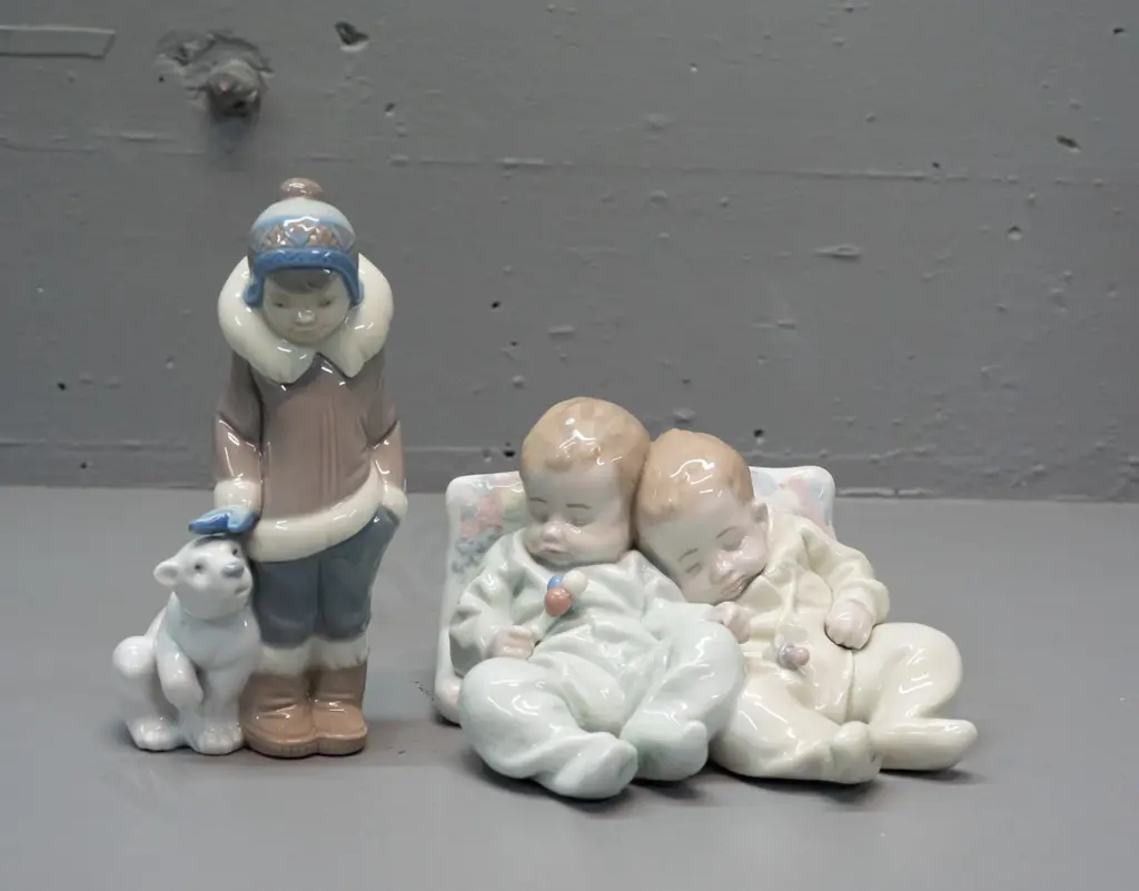 2 Lladro figurines - boy with polar bear H-145 and pair of sleeping infants on a pillow Image 1++