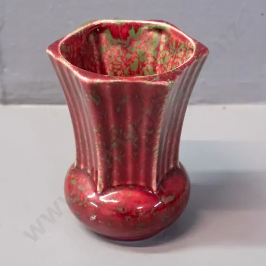 Crown Lynn small red and green rhubarb glaze vase marked ".132." H-100