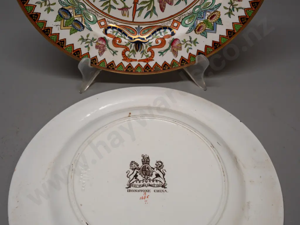pair of Victorian Ashworth ironstone cabinet plates with Chinoiserie floral and butterfly motifs - minor staining, one Image 1++